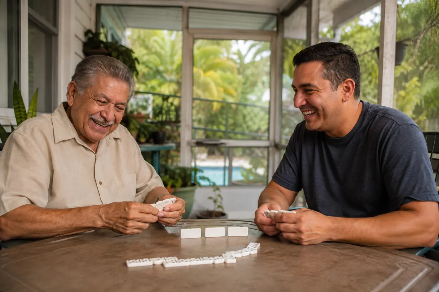 An older adult and caregiver enjoying a game of dominoes on a porch
