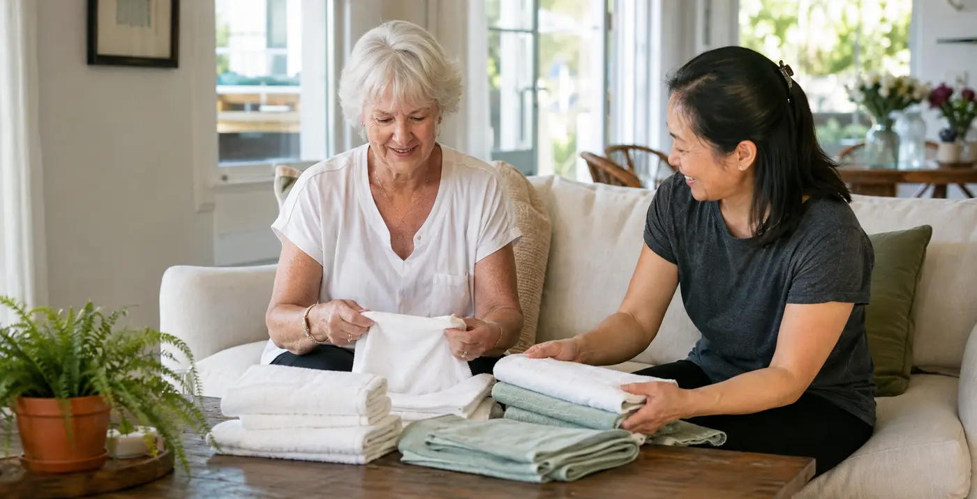 An older adult and caregiver folding clean towels together at home